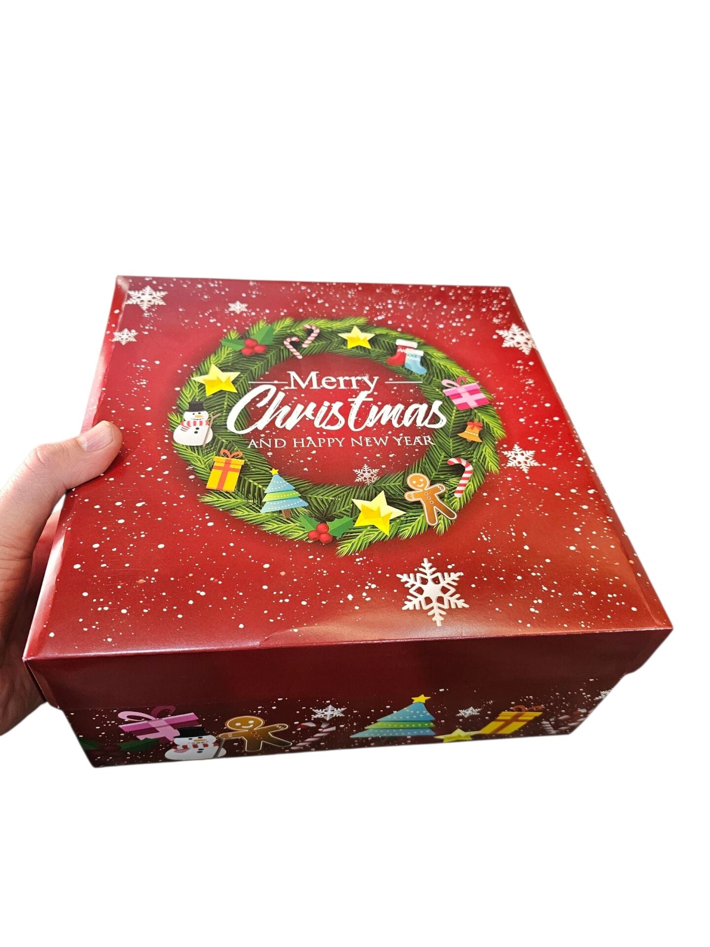 25x25x12 Cm Yılbaşı Desenli (Merry Christmas) Kırmızı Komple Karton Hediye Kutuları