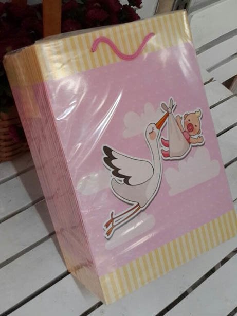 25'Li Pembe Leylekli Hediyelik Karton Çanta - Poşet 17x26 Cm