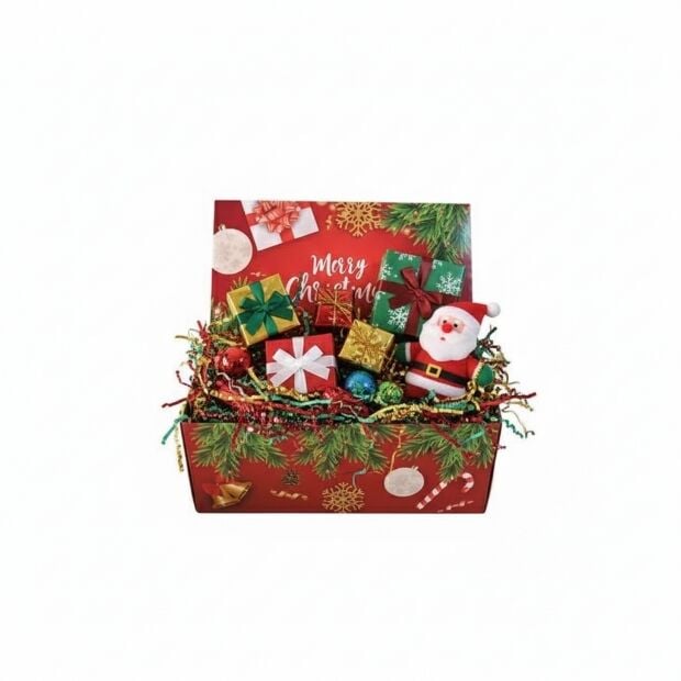 25x15x10 Cm Yılbaşı Desenli (Mery Christmas) Kırmızı Komple Karton Hediye Kutuları