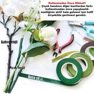 Yapışkanlı Çiçek Bandı, Çiçek Teli Sarma Bandı, Koyu Yeşil - 1 Cmx35 Metre