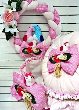 Güvercinli / Kuşlu 3 lü set (Sepet+Takı yastığı+Kapı süsü)