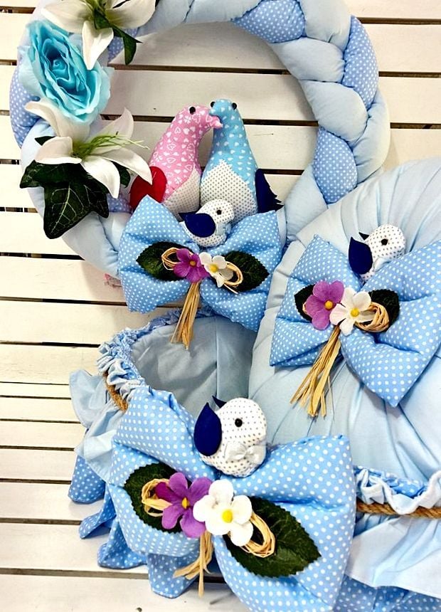 Güvercinli / Kuşlu 3 lü set (Sepet+Takı yastığı+Kapı süsü)