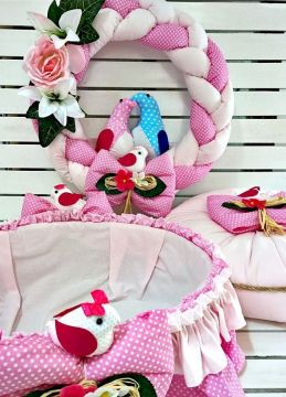 Güvercinli / Kuşlu 3 lü set (Sepet+Takı yastığı+Kapı süsü)