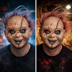 Çaki Korku Bebek Maskesi – Saçlı Plastik Yüz Maskesi