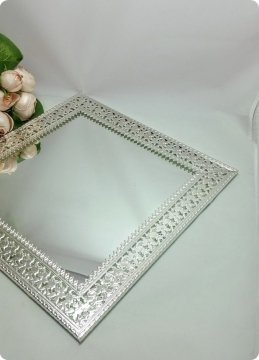 Kare Metal Desenli Aynalı Söz,Nişan Yüzük Tepsisi / Supla