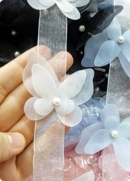 12 li Kelebek Lazer Kesim İncili Kumaş Çiçekler