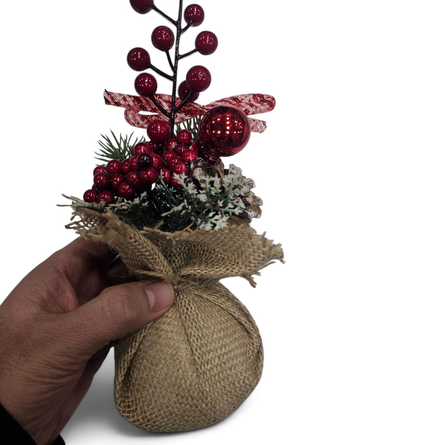 20 cm Mini Masaüstü Kozalaklı Fiyonklu Yılbaşı Çam Ağacı