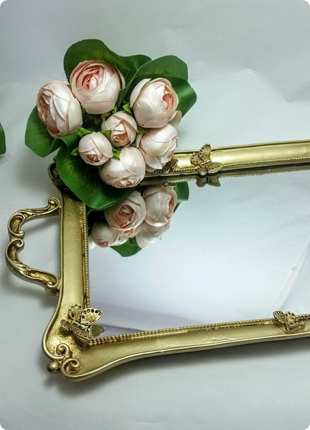 Dikdörtgen Kelebek Desenli Aynalı Söz,Nişan,Nikah Yüzük Tepsisi