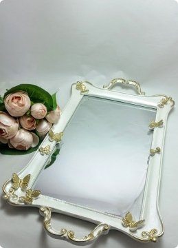 Dikdörtgen Kelebek Desenli Aynalı Söz,Nişan,Nikah Yüzük Tepsisi