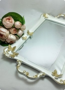 Dikdörtgen Kelebek Desenli Aynalı Söz,Nişan,Nikah Yüzük Tepsisi