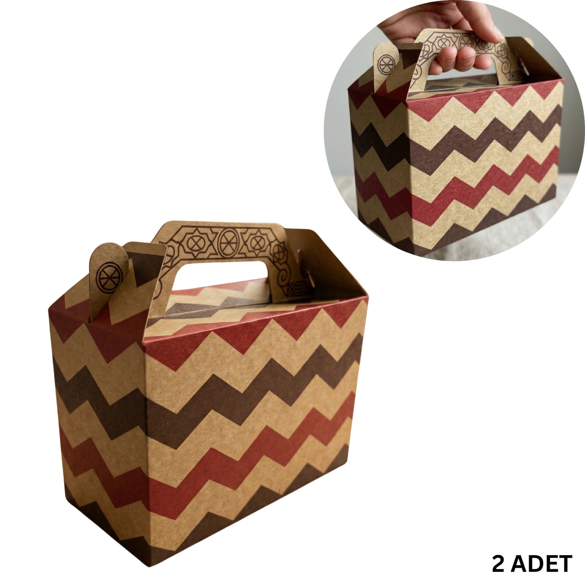 2 Li Ek Geçmeli 11x16x8 cm Zigzag Desenli Kraft Hediye Kutusu
