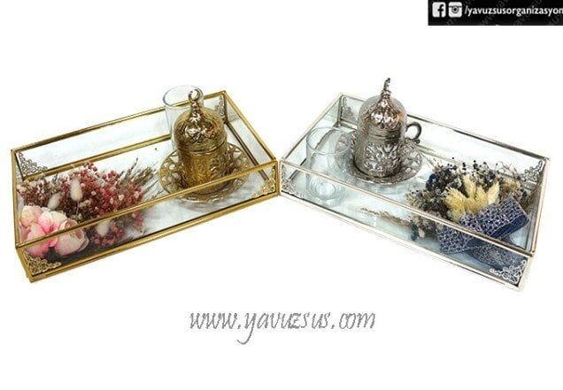 Çiçekli Kenarı Metal Damat Tepsi Seti GUMUS MAVI