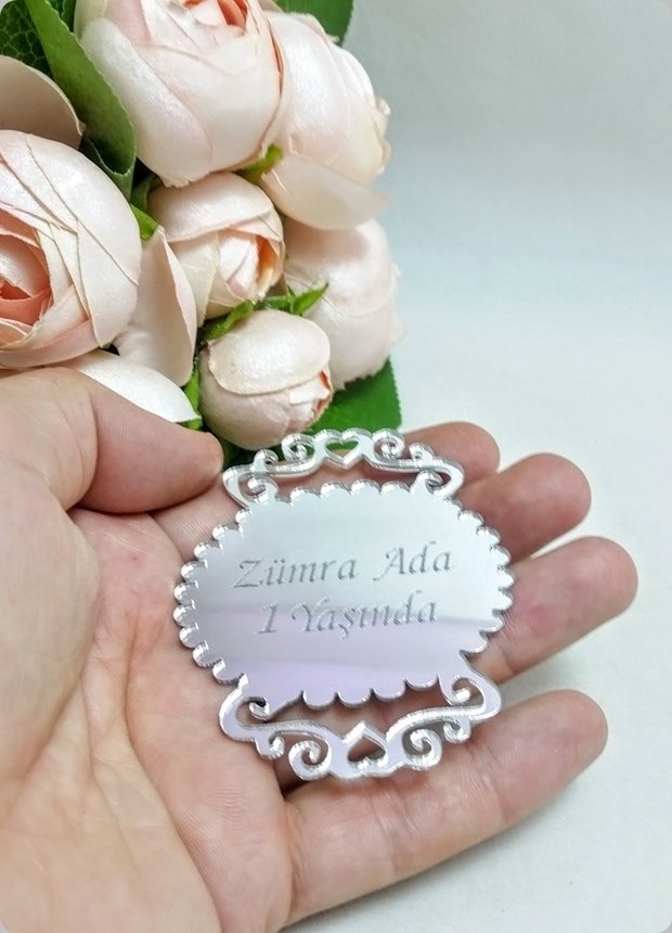 Oval Tırtıklı Pleksi Ayna Nikah / Bebek Şekeri