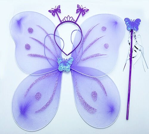 Lila Mor Kelebek Kız Seti – 50 cm Kelebek Kanadı, Taç ve Asa