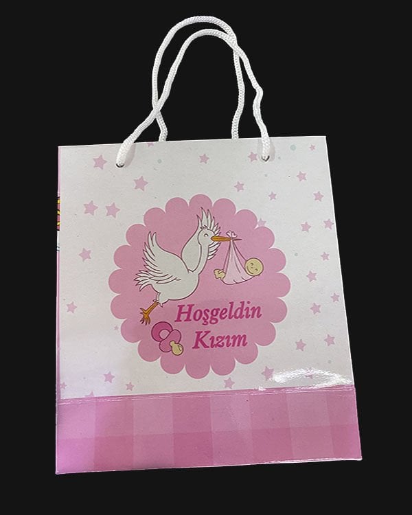 Hoşgeldin Kızım Yazılı Leylek Temalı Hediye Karton Çantası 14x17 cm