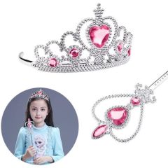 Pembe Renk Kalpli Elsa Prenses Tacı ve Prenses Asası Çocuk Boy