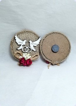 İsim yazılı KUŞLU Çuval Yuvarlak Magnet (Söz, Nişan, Nikah, Şekeri) Beyaz - 25 Adet / Paket