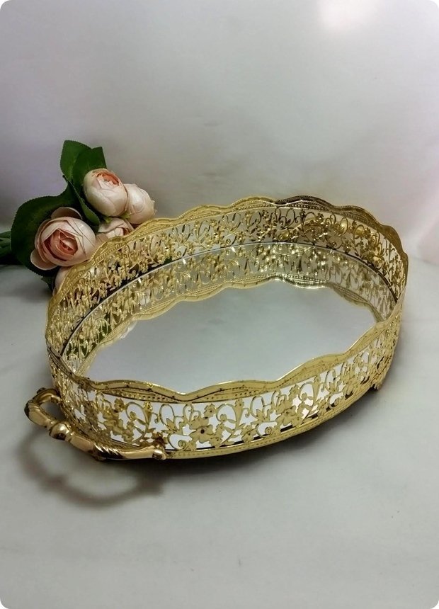 oval aynalı telkari tepsi (34x26 Cm)