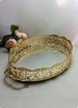 oval aynalı telkari tepsi (34x26 Cm)