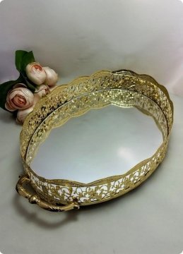 oval aynalı telkari tepsi (34x26 Cm)