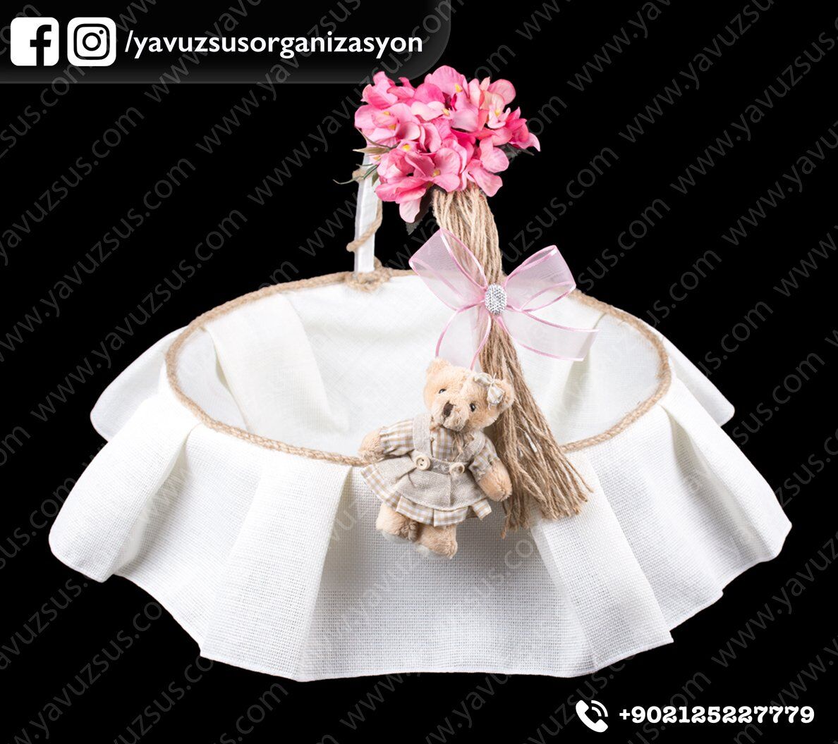 Aile kapı süsü,sepet,takı yastığı,anı defteri (4 lü set Şantuk kumaşlı) PEMBE SEPET