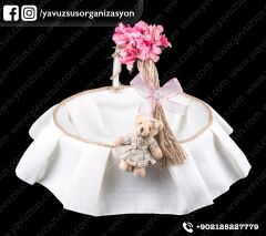 Aile kapı süsü,sepet,takı yastığı,anı defteri (4 lü set Şantuk kumaşlı) PEMBE SEPET