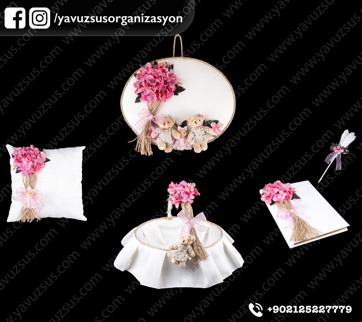 Aile kapı süsü,sepet,takı yastığı,anı defteri (4 lü set Şantuk kumaşlı) PEMBE  SET