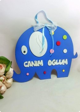 Ahşap renkli fil bebek kapı süsü PEMBE