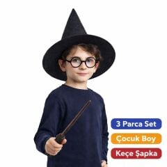 Harry Potter Tarzı Çocuk Seti (Siyah Keçe Şapka, Asa, Gözlük)