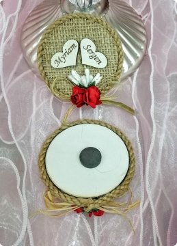 25 Li Süslü İsme özel ahşap kalp yuvarlak Magnet (Söz, Nişan, Nikah, Şekeri)