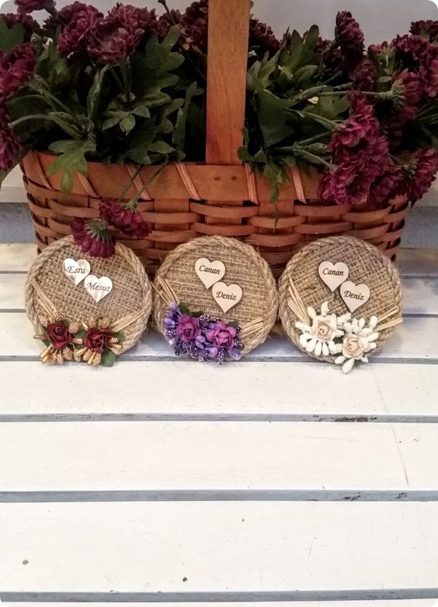 Çuval Yuvarlak Ahşap Kalpli Magnet (Söz, Nişan, Nikah, Şekeri)