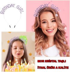 Mor Renk Kristal Taşlı Parlak Birthday Girl Yazılı Taç 16x17 cm
