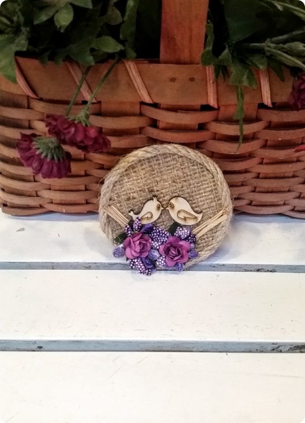Çuval Yuvarlak Ahşap Kuşlu Magnet (Söz, Nişan, Nikah, Şekeri)