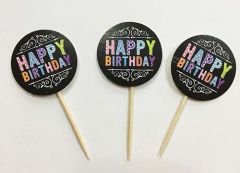 Siyah Üzeri Rengarenk Happy Birthday Parti Kürdan Süsü 20 Adet