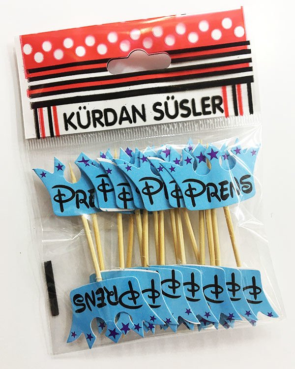 Mavi Renk Prens Yazılı Parti Kürdan Süsü 20 Adet