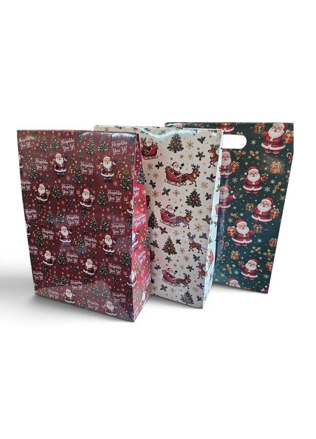 6 lı Paket 24x34x9 cm El Geçmeli Yılbaşı desenli Karton çanta