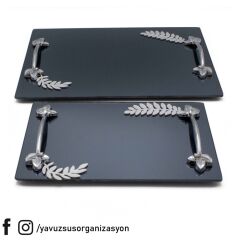 Yaprak desenli siyah aynalı (Yüzük tepsisi , damat kahvesi) TAKIMGUMUS