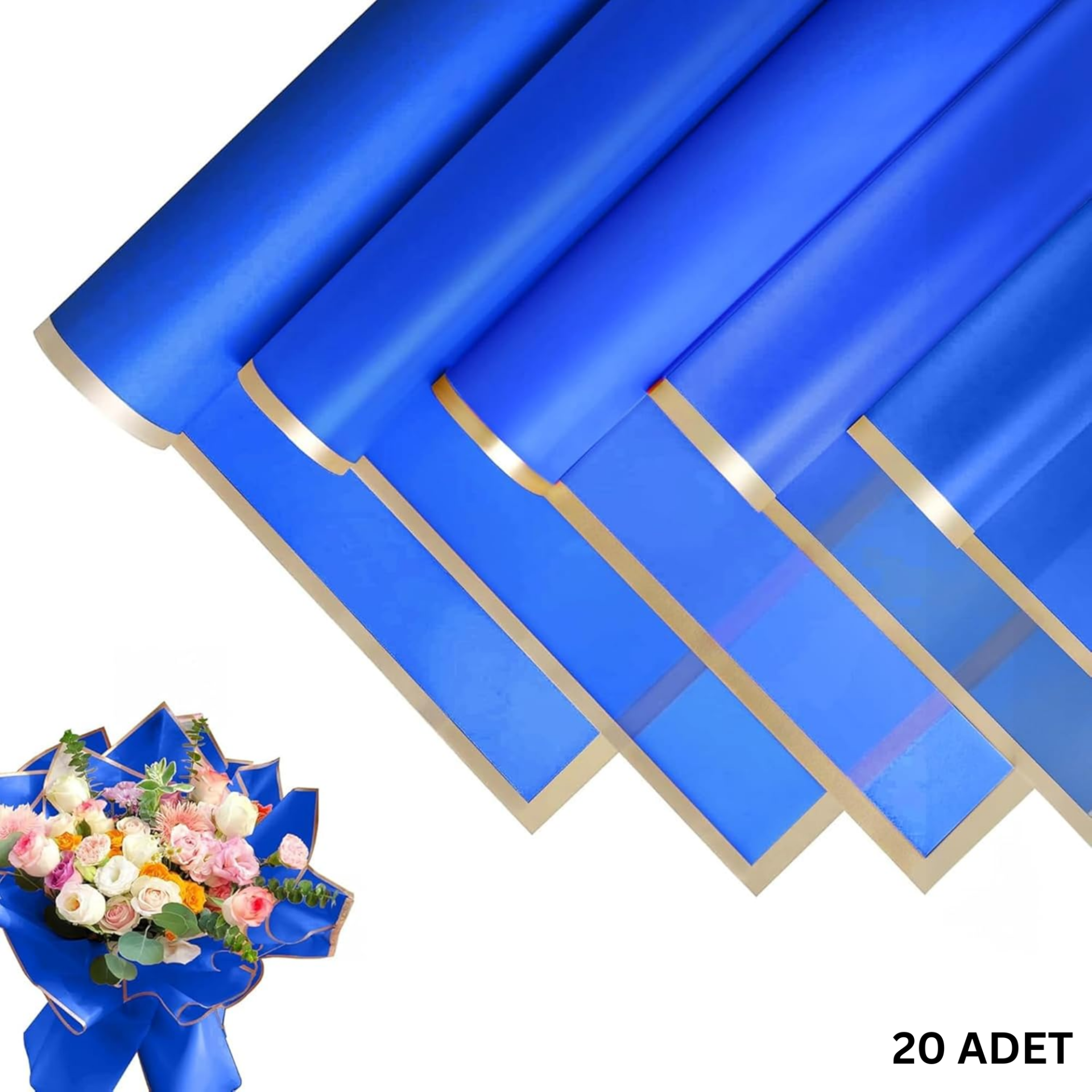 Çiçek Buket Kağıdı, Çiçek Ambalaj Kağıdı - Lacivert- Altın Kenarlı - Mat OPP 57x57 cm - 20 Adet
