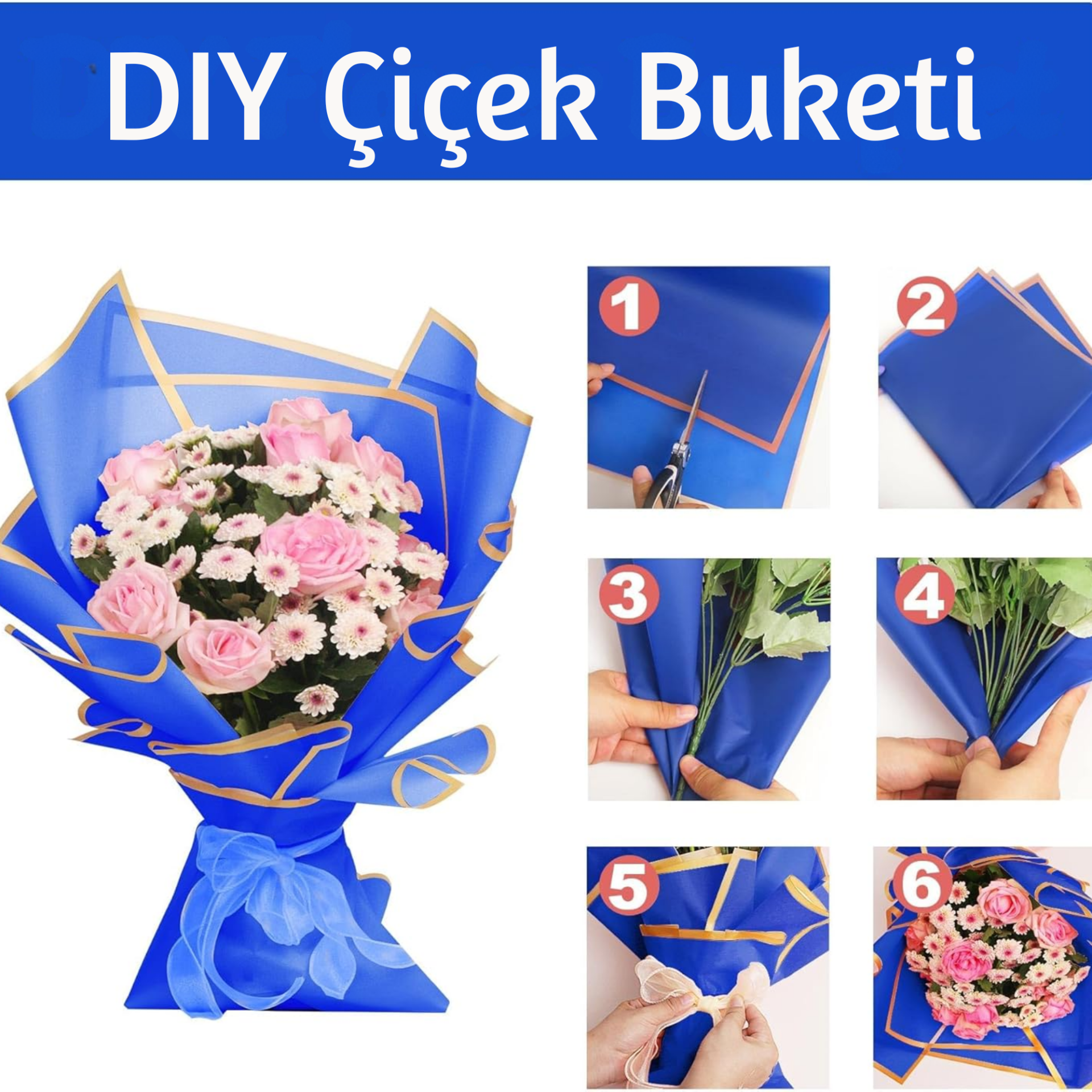 Çiçek Buket Kağıdı, Çiçek Ambalaj Kağıdı - Lacivert- Altın Kenarlı - Mat OPP 57x57 cm - 20 Adet