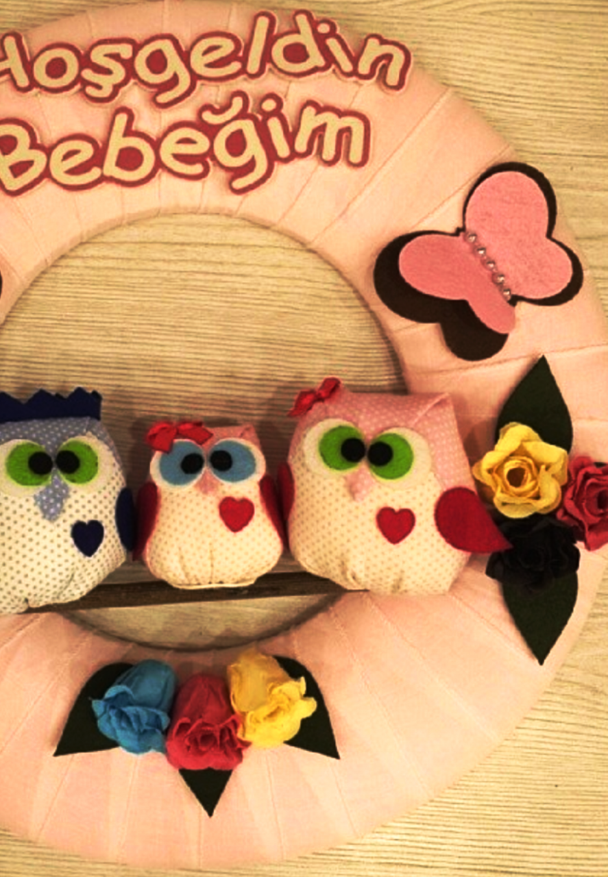 Bebek odası kapı süsü ;Baykuşlu Koton Çelenk