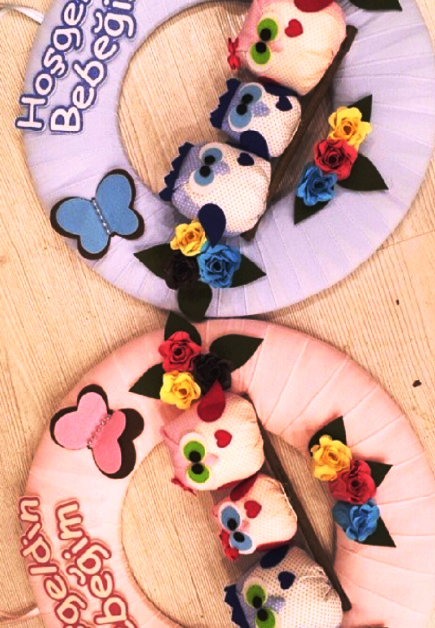 Bebek odası kapı süsü ;Baykuşlu Koton Çelenk