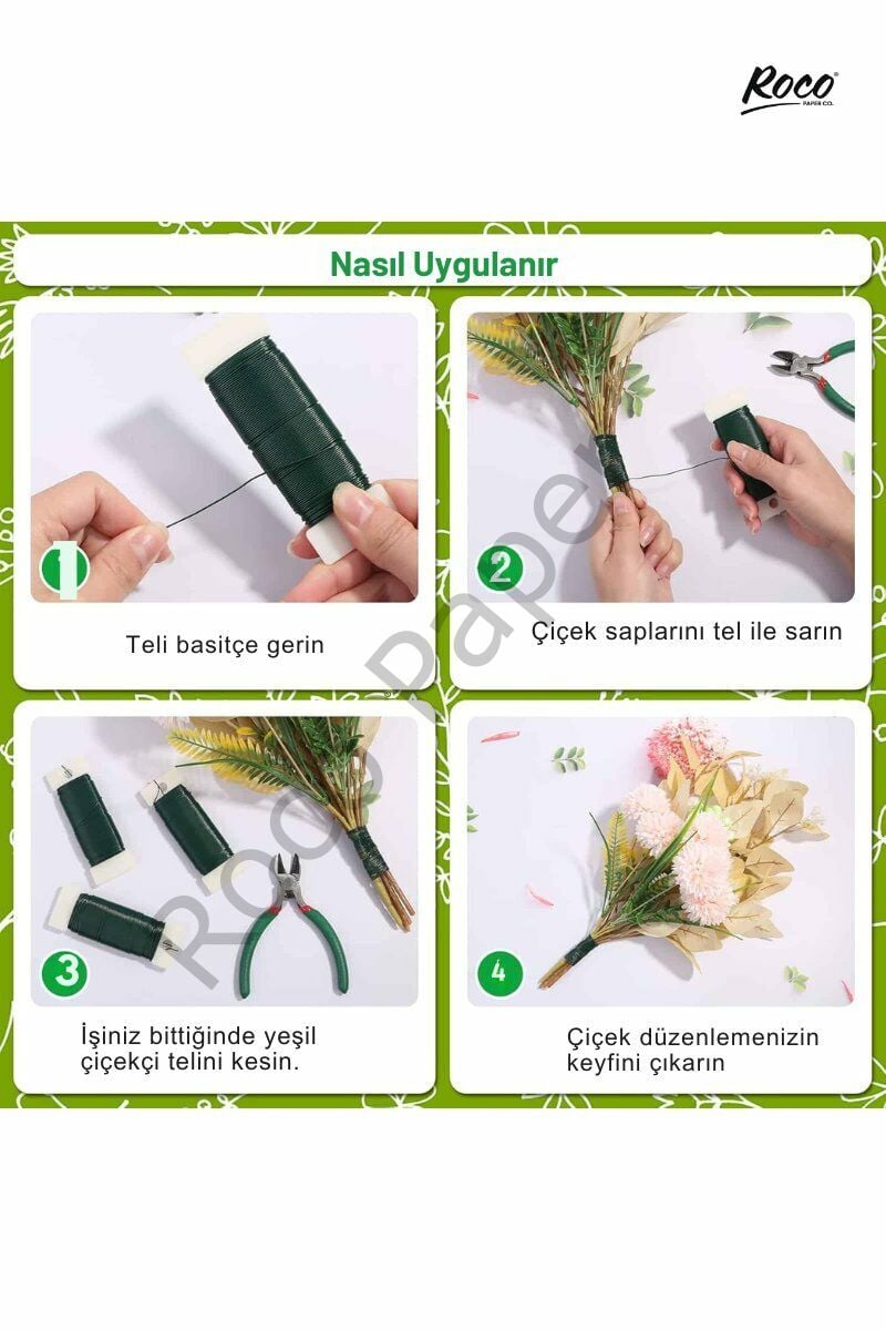 Çiçek Sarma Teli, Çok Amaçlı Çiçek Yapım ve Bağlama Teli, 2Li Set, 70 Metre – 0.64 Mm (Yeşil)