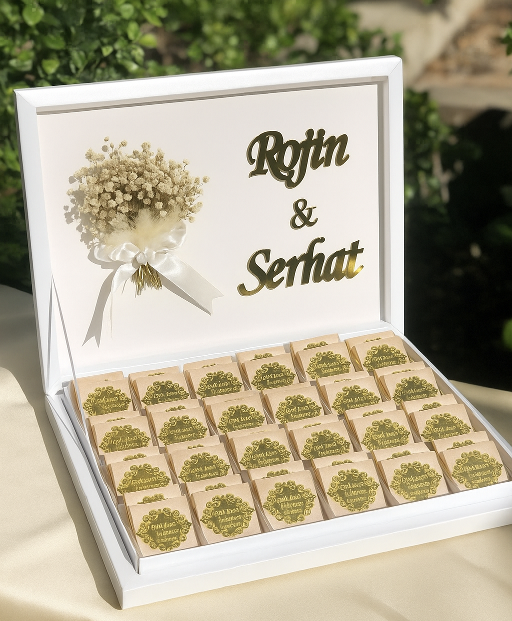 48 li Çiçek Dekorlu Pleksili Kız isteme Çikolata kutusu