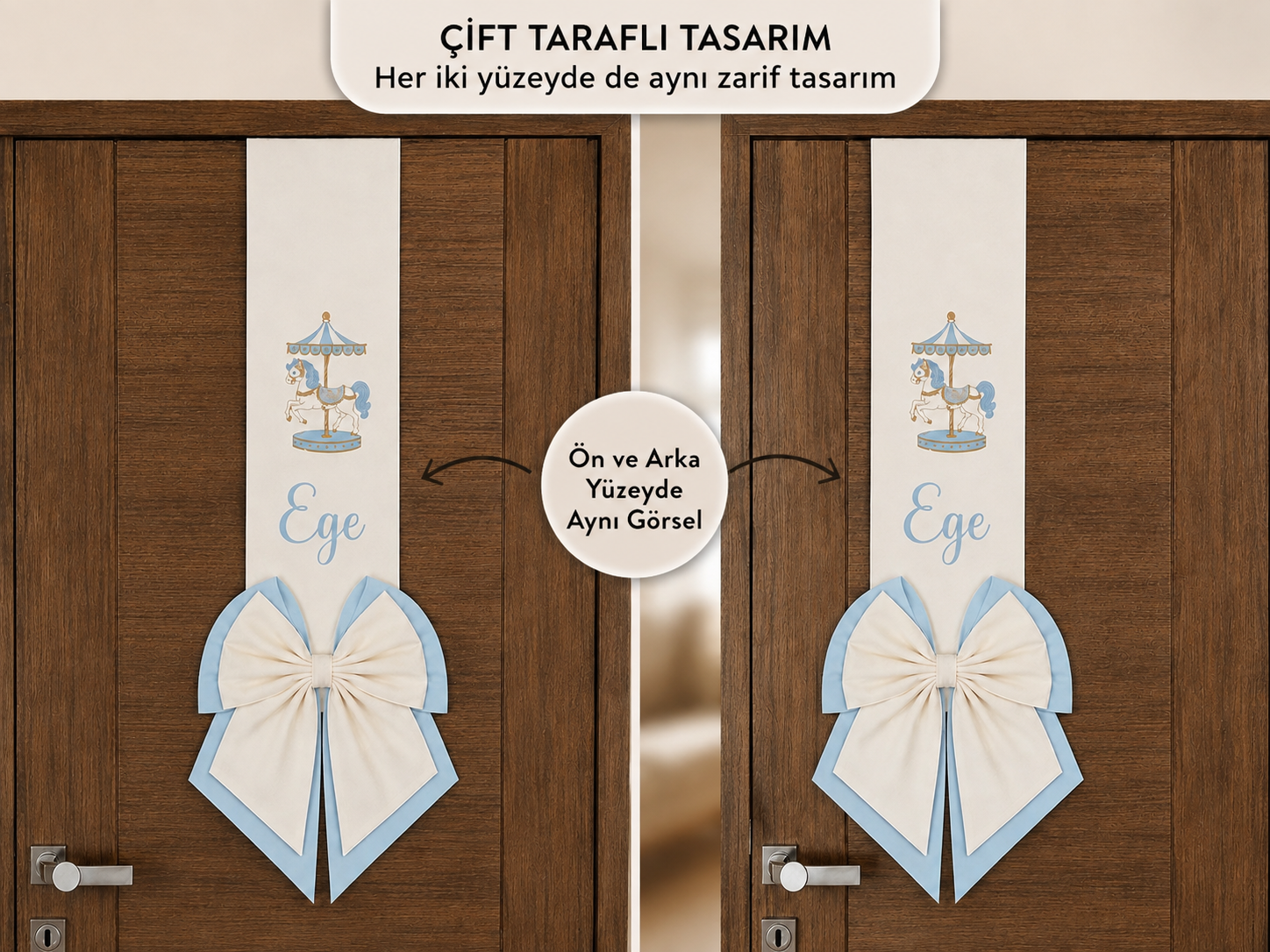 Çift taraflı Atlıkarınca görselli çift kat fiyonklu kapı süsü ( 1 adettir) LACİVERT