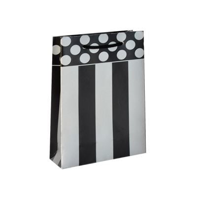 25 Li 11X17 Siyah Gümüş Çizgili/Puantiyeli Karton Çanta