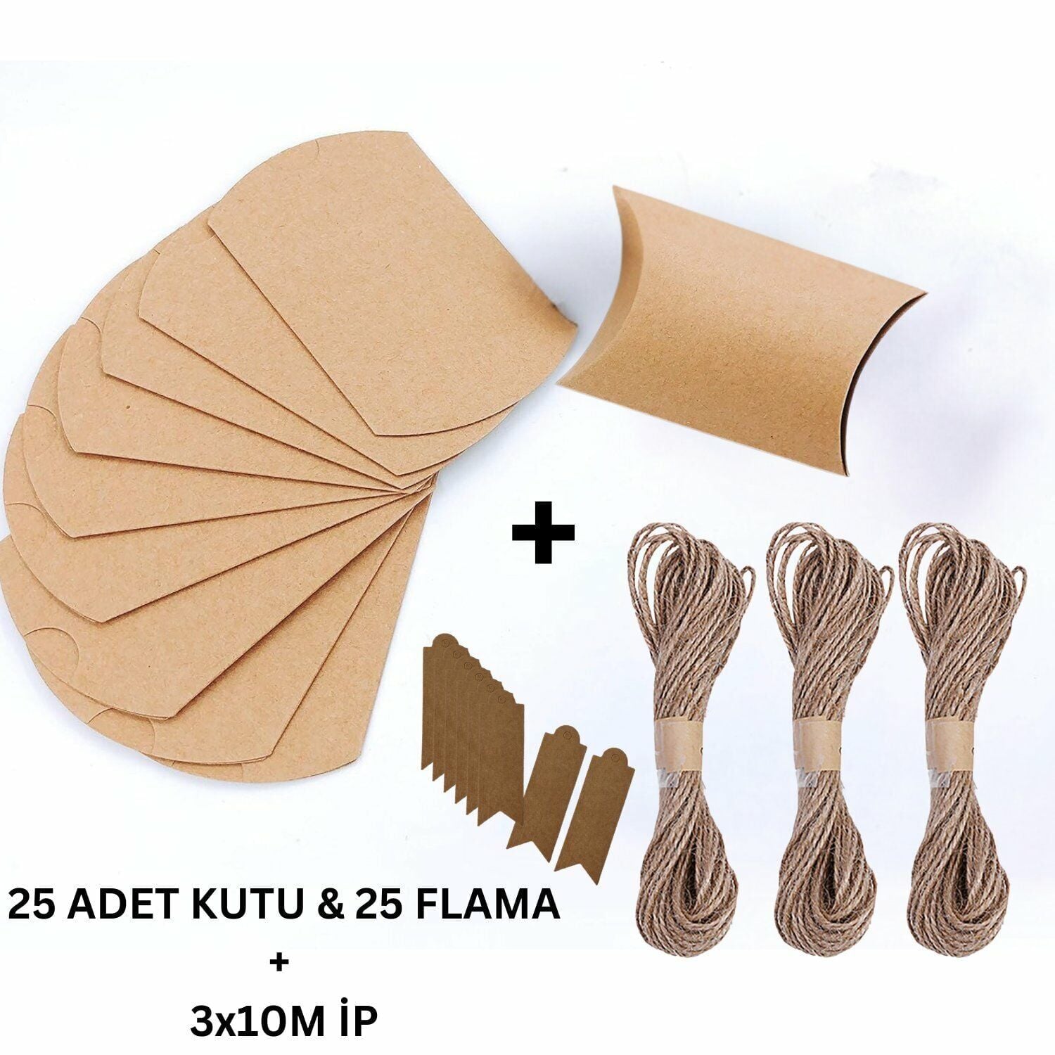 Japon (Yastık) Hediye Kutusu Seti, No:1, 8x8.5 Cm - 25 Adet & Jüt İp-3x10M, 25 Adet Mini Flama