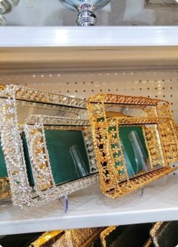 2 li metal çiçek işlemeli tepsi seti ALTIN