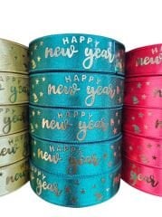 2,5 Cm (20 Mt.) Yılbaşı Happy New Year varaklı Saten Kurdele