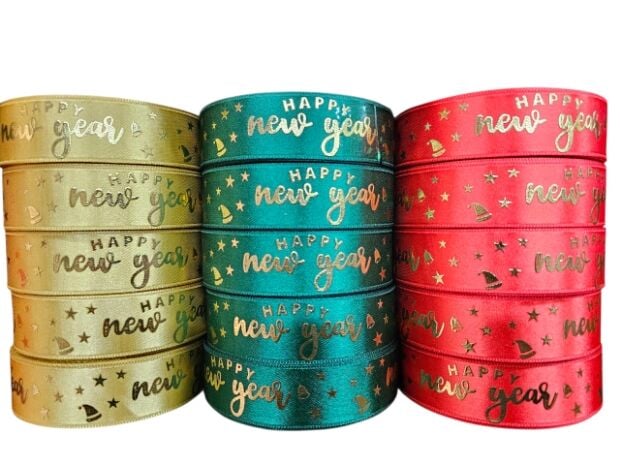 2,5 Cm (20 Mt.) Yılbaşı Happy New Year varaklı Saten Kurdele