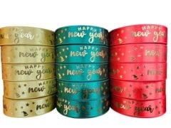 2,5 Cm (20 Mt.) Yılbaşı Happy New Year varaklı Saten Kurdele